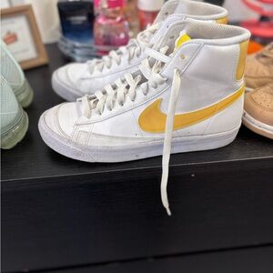 White and Yellow High-Top Sneakers